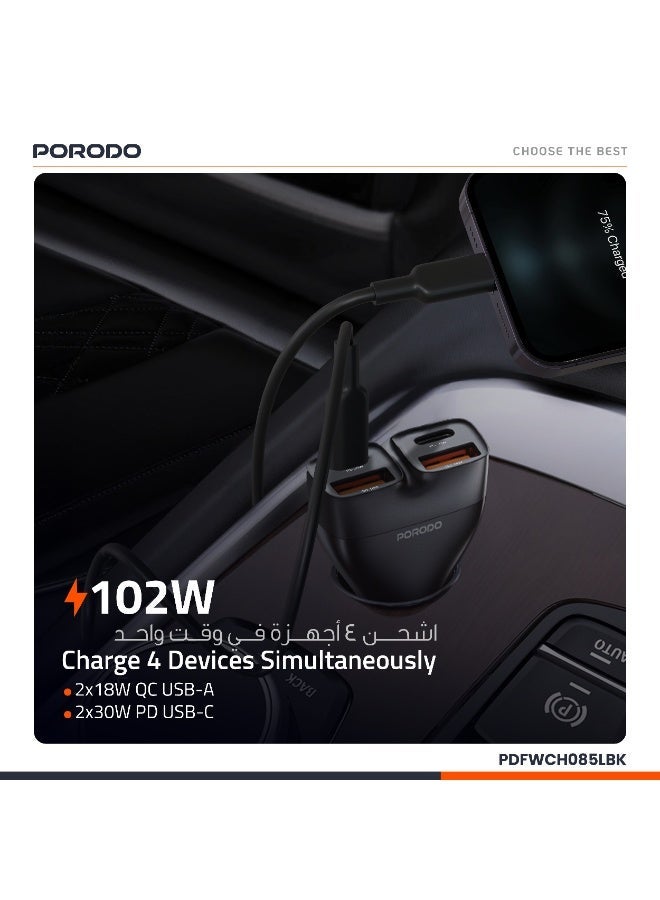 porodo DUALPOWER 102W Car Charger with USB-C to Lightning Cable/ PD 30W/ QC 18W/ x2 USB-C & x2 USB-A/ Fast Charging /102W High Power Output / Quick Charge/ Efficient Charging for Multiple Devices Car Charger - Black - Image 3